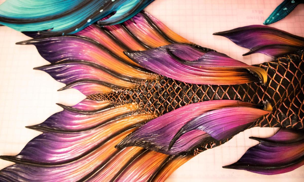 A silicone mermaid tail made by Finfolk Productions sits on a table in the production area of their office in Lincolnton. The silicone mermaid tails are custom fitted and designed to the buyer of the tail.