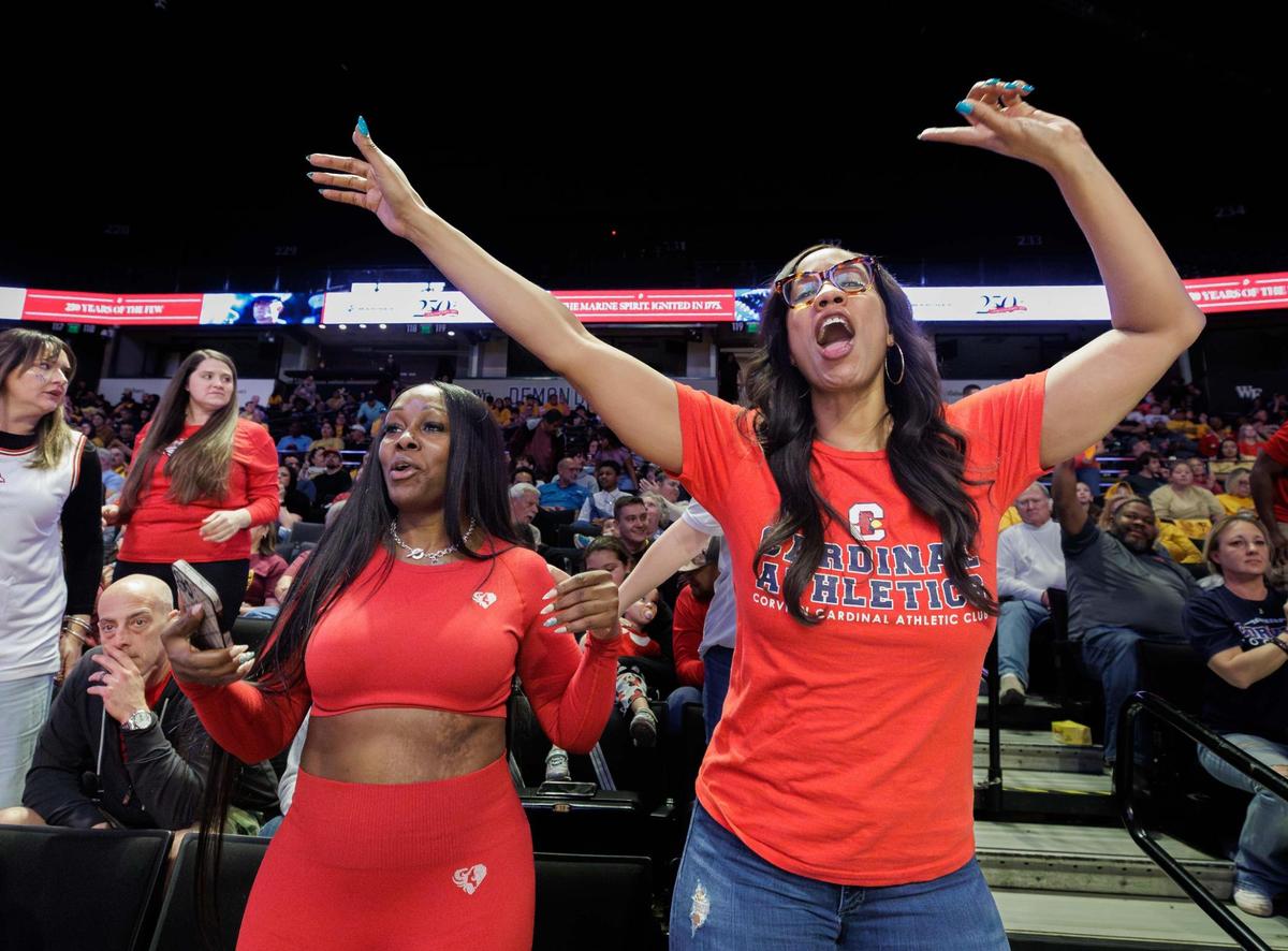 The Corvian fans cheer for their men’s basketball team at Lawrence Joel Memorial coliseum. Corvian would play Southern Wake in the 1A Men’s Basketball NCHSAA Championship Friday 14, 2025.