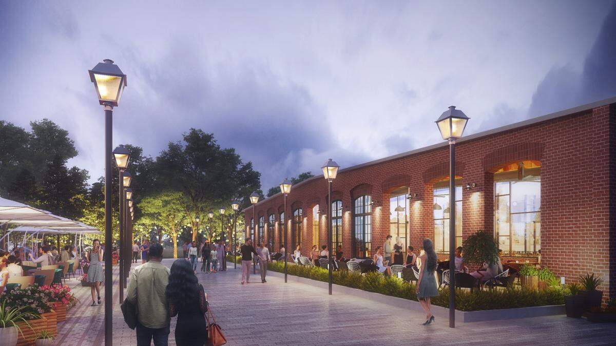 This rendering shows the plaza that's part of the adaptive reuse project of Savona Mill in west Charlotte.