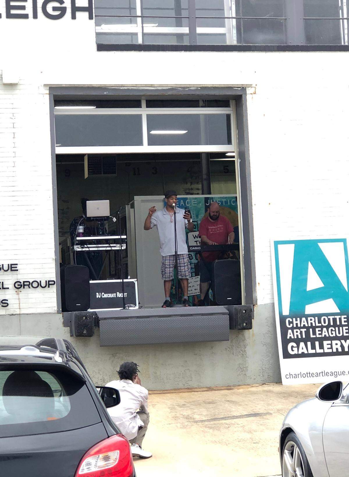 Spoken word artist Jah Smalls performing at Charlotte Art League’s “The Drive In: Poetic Edition.” Smalls coordinates and hosts the new program, which takes place 4-6 p.m. Sundays through August.
