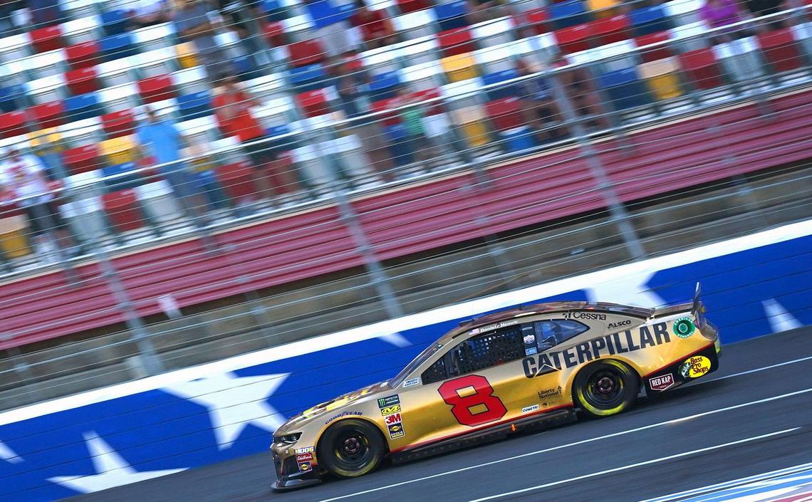 Driver Daniel Hemric races down the front stretch of Charlotte Motor Speedway. Hemric’s No. 8 Chevrolet is painted gold in honor of owner Richard Childress’s 50 years in NASCAR.
