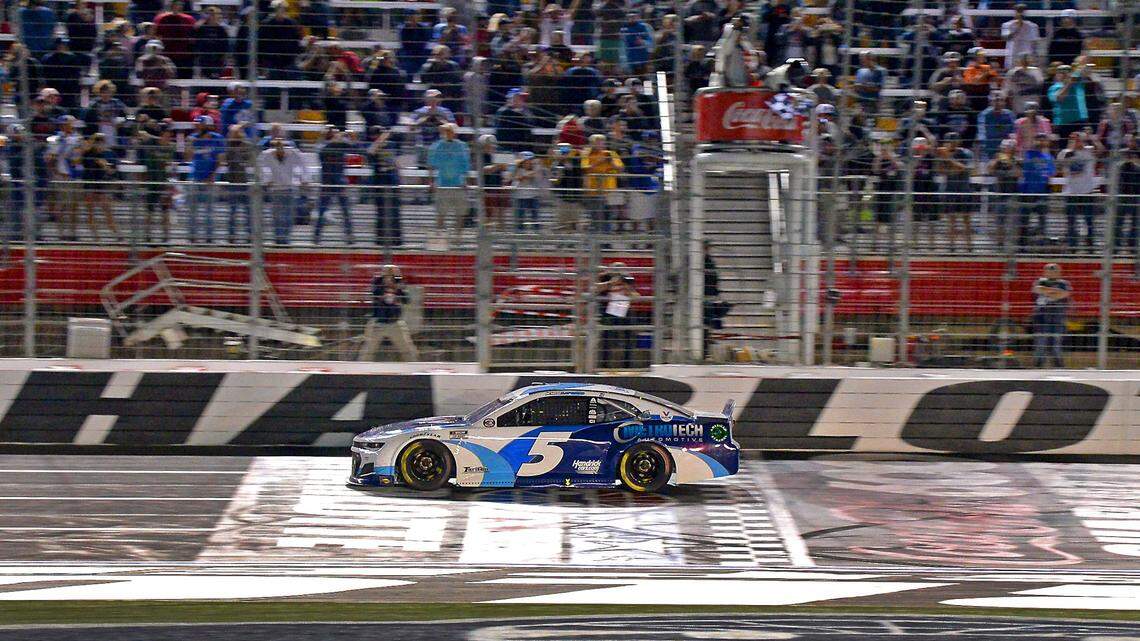 Kyle Larson crosses the finish line to win the Coca-Cola 600 at Charlotte Motor Speedway in Concord, NC, on Sunday, May 30, 2021.