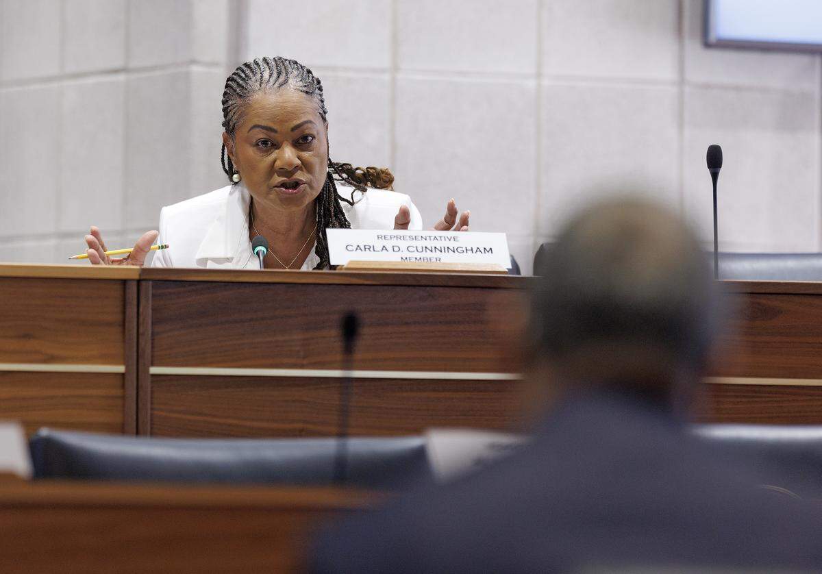 Mecklenburg County Democratic Rep. Carla Cunningham questions Mecklenburg County District Attorney Spencer Merriweather during a session of the House Select Committee on Oversight and Reform on Monday, Feb. 9, 2026, at the North Carolina Legislative Building. 