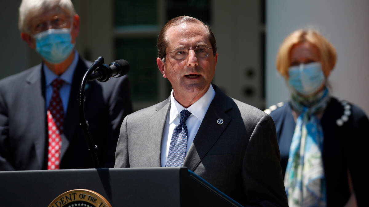 Department of Health and Human Services Secretary Alex Azar speaks about the coronavirus in the Rose Garden of the White House, Friday, May 15, 2020, in Washington. (AP Photo/Alex Brandon)