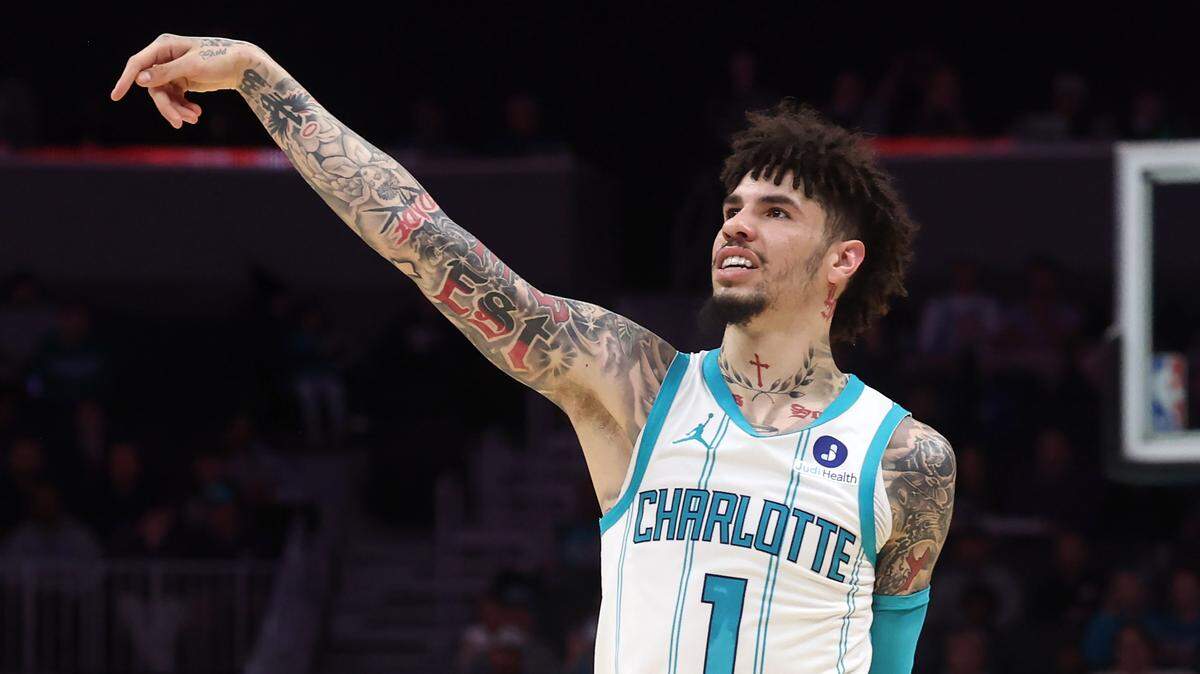 Charlotte Hornets guard LaMelo Ball maintains his follow through on a three-point shot during action against the Orlando Magic at Spectrum Center in Charlotte, NC on Thursday, October 30, 2025. 