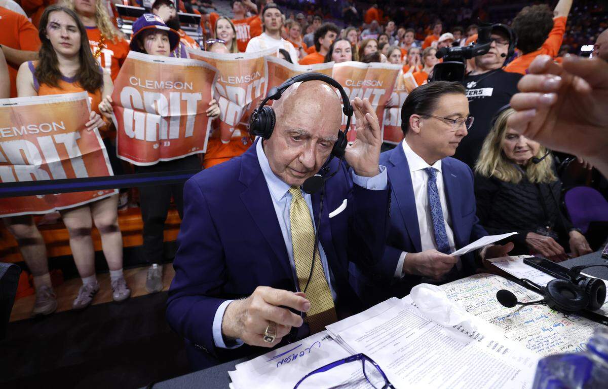 Dick Vitale, alongside Dave O’Brien, gets ready to broadcast before Duke’s game against Clemson at Littlejohn Coliseum on Feb. 8, 2025.