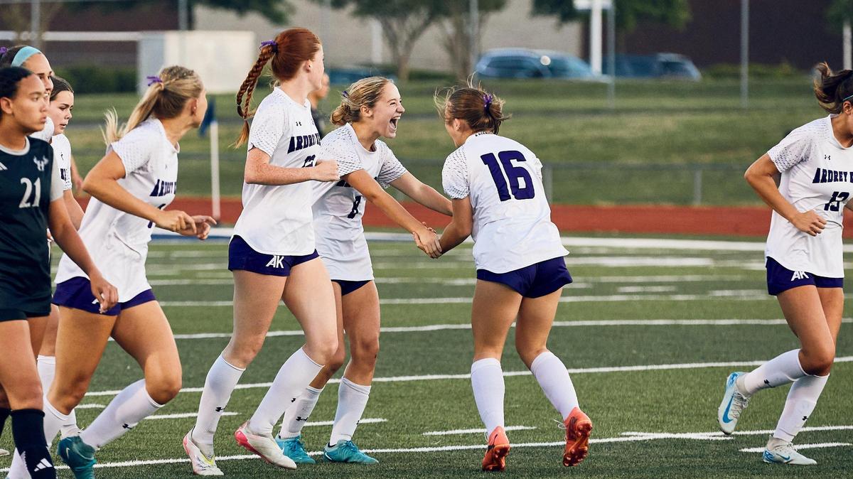 Ardrey Kell forward Kiana Rodriguez celebrates with her teammates as the Knights score a second goal in the second half to the match against Hickory Ridge in Harrisburg, NC.