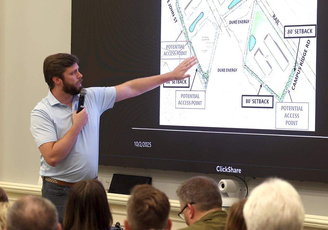 Engineered Land Solutions CEO Drew Nations addressed questions for over two hours about a proposed data center during a community meeting Oct. 2 at Matthews Town Hall.