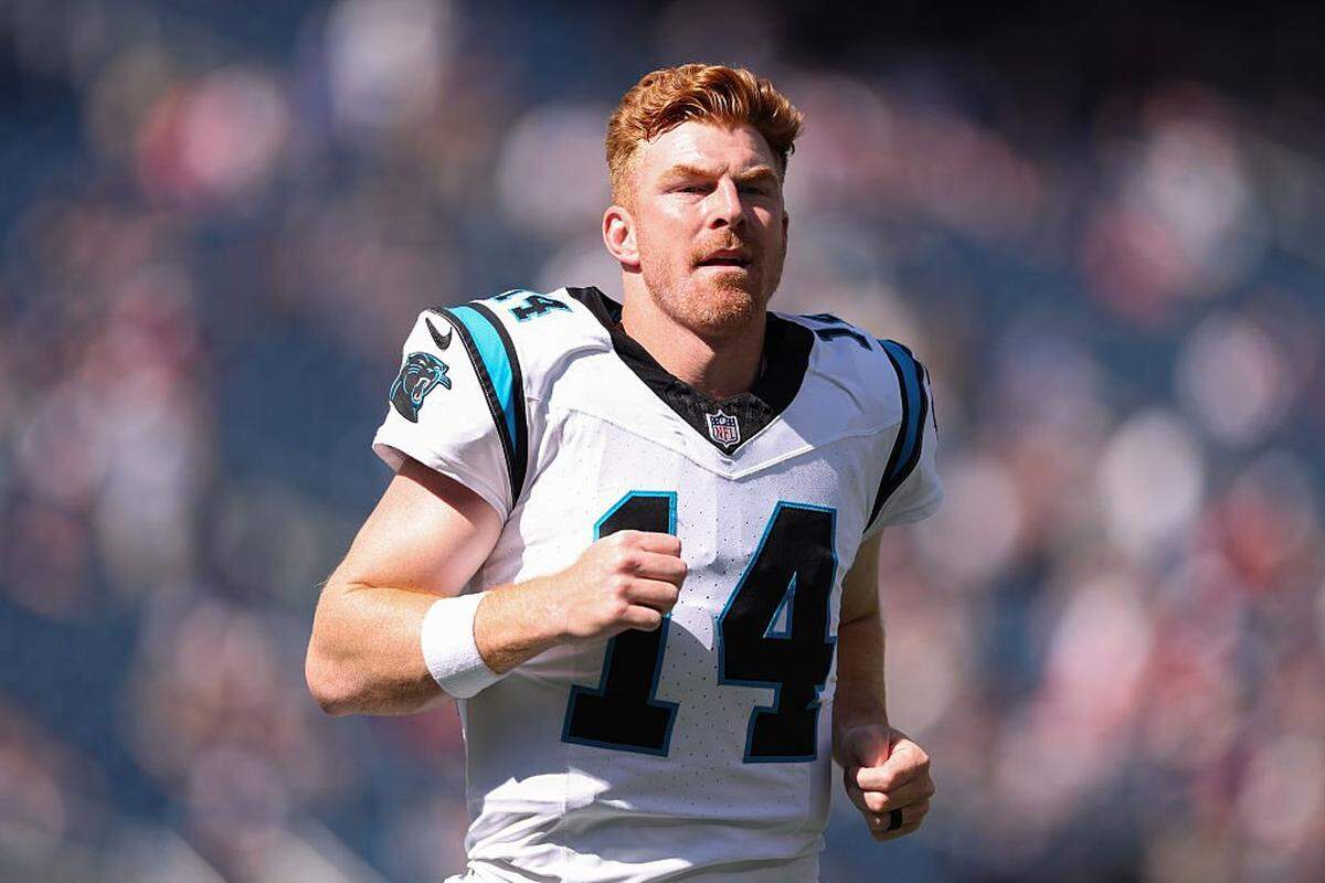 Andy Dalton of the Carolina Panthers warms up against the New England Patriots before the game at Gillette Stadium on September 28, 2025 in Foxborough, Massachusetts.