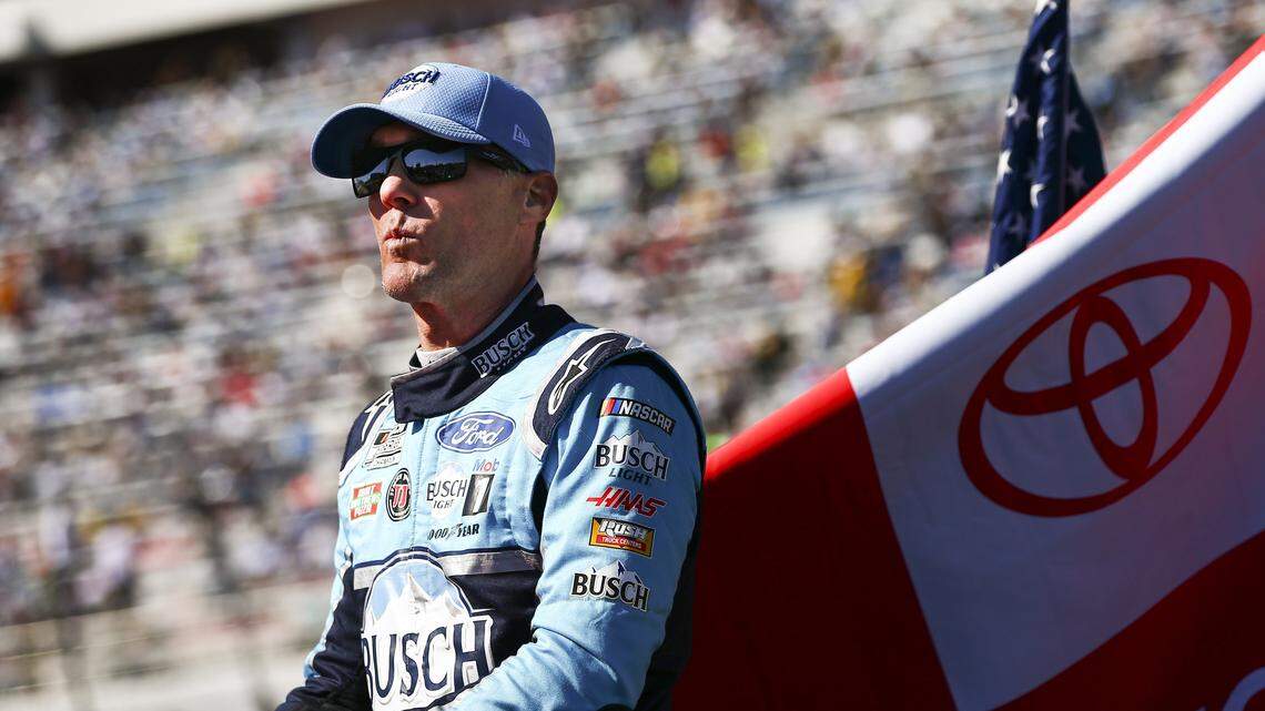Kevin Harvick stands by the track before a NASCAR Cup Series auto race at the Las Vegas Motor Speedway on Sunday, Feb. 23, 2020. (AP Photo/Chase Steven
