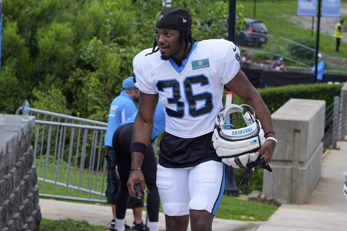 Jul 30, 2024; Charlotte, NC, USA; Carolina Panthers safety Demani Richardson (36) walks to practice at Carolina Panthers Practice Fields. Mandatory Credit: Jim Dedmon-USA TODAY Sports