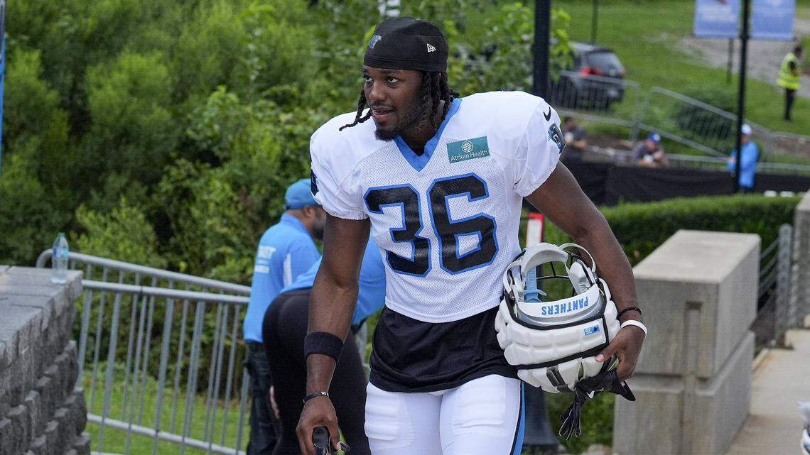 Jul 30, 2024; Charlotte, NC, USA; Carolina Panthers safety Demani Richardson (36) walks to practice at Carolina Panthers Practice Fields. Mandatory Credit: Jim Dedmon-USA TODAY Sports