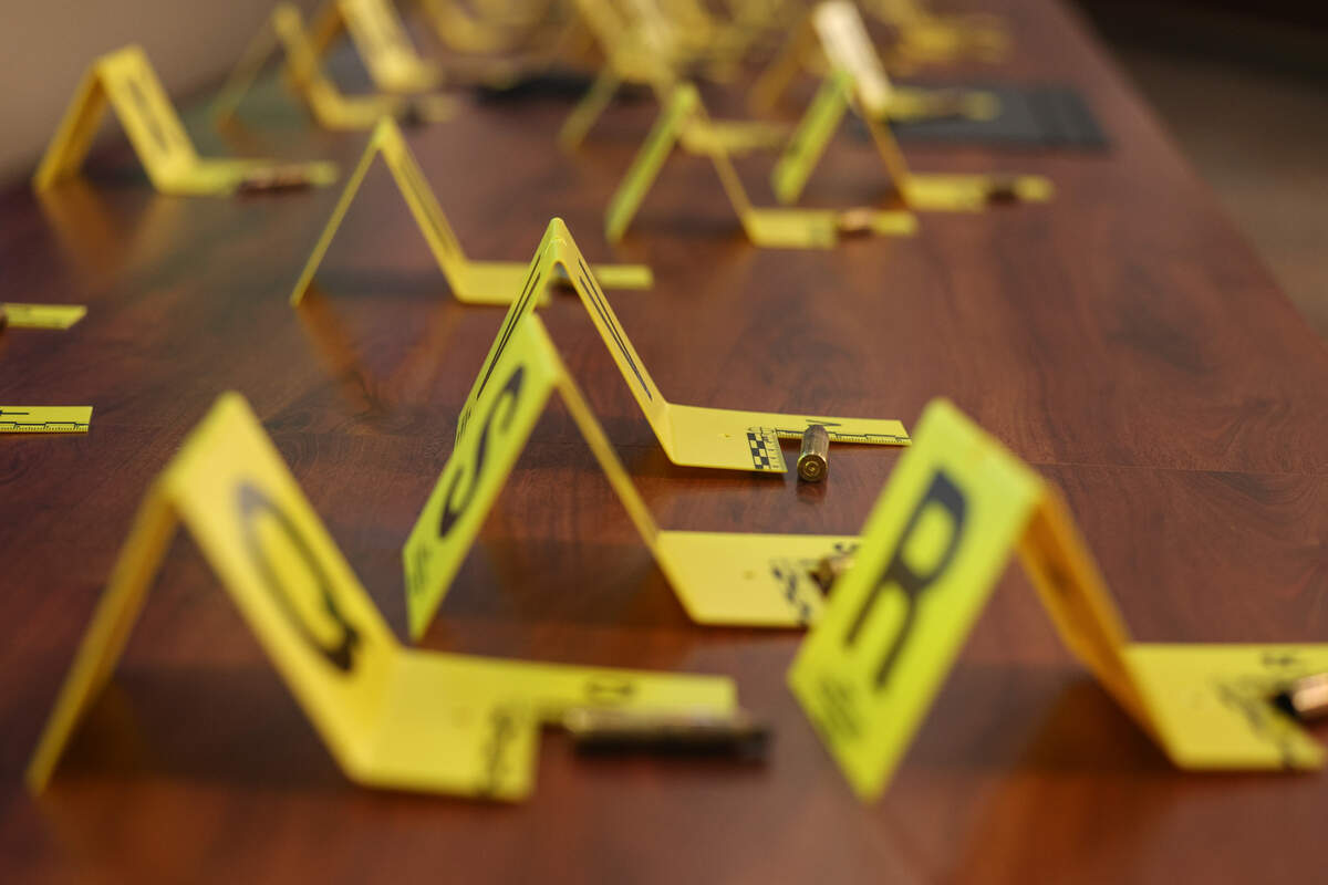 Bullets and evidence markers were set up as props to illustrate the 84 shots that were fired, killing a 4-year-old boy, during a press conference on Friday, Oct. 2, 2026, to provide additional information about the arrests of four teenagers in the fatal shooting.