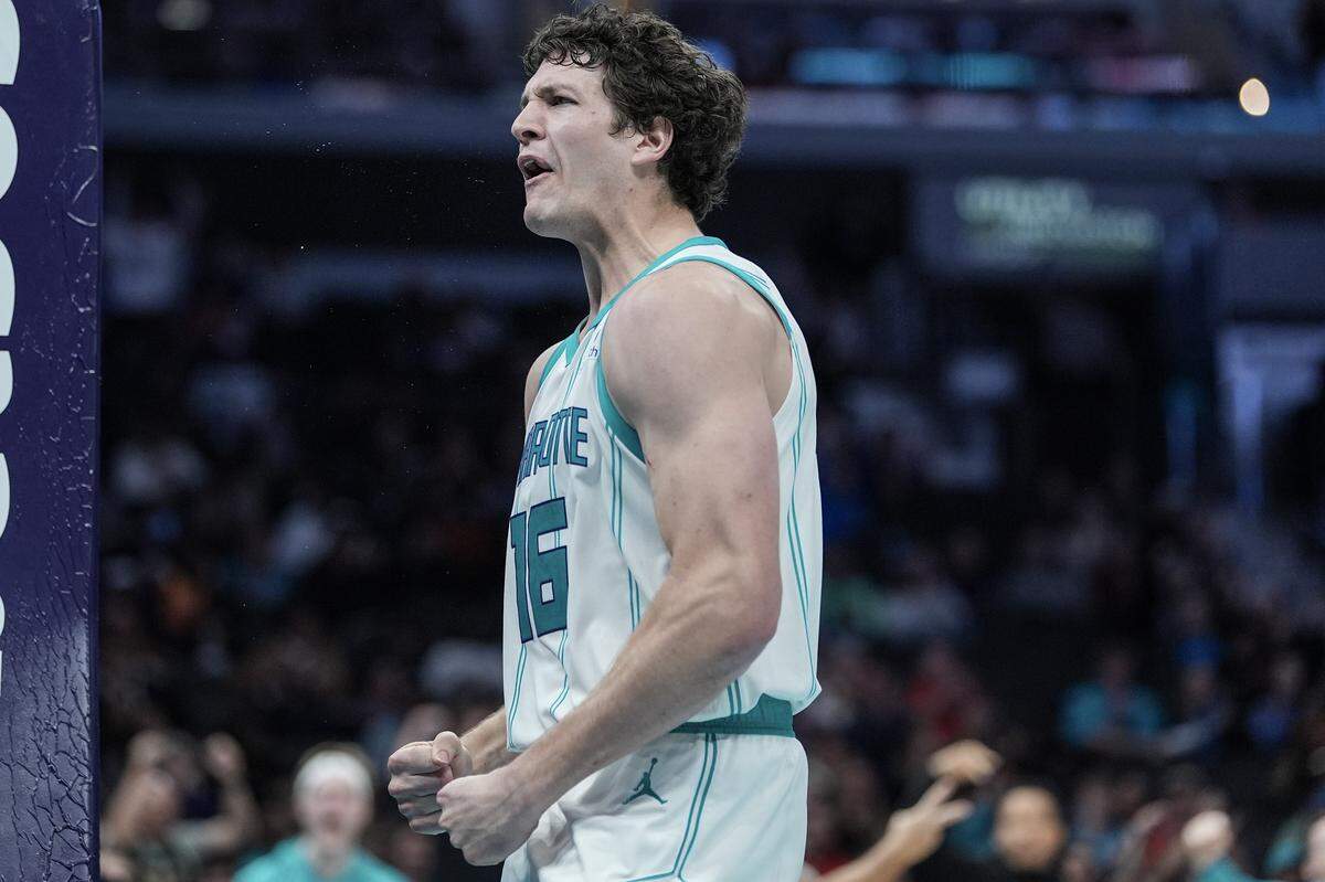 Charlotte Hornets forward PJ Hall (16) reacts during the second half of an NBA basketball game against the Toronto Raptors, Wednesday, Jan. 7, 2026, in Charlotte, N.C.