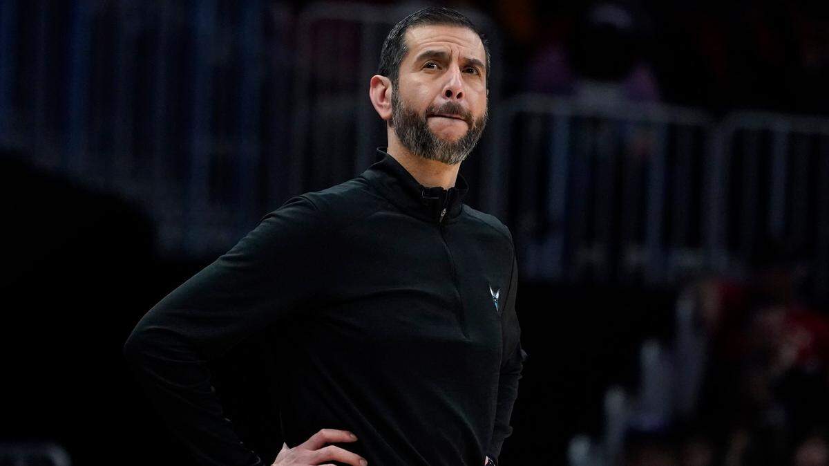 Charlotte Hornets head coach James Borrego is shown during in the second half of an NBA play-in basketball game against the Atlanta Hawks Wednesday, April 13, 2022, in Atlanta. (AP Photo/John Bazemore)
