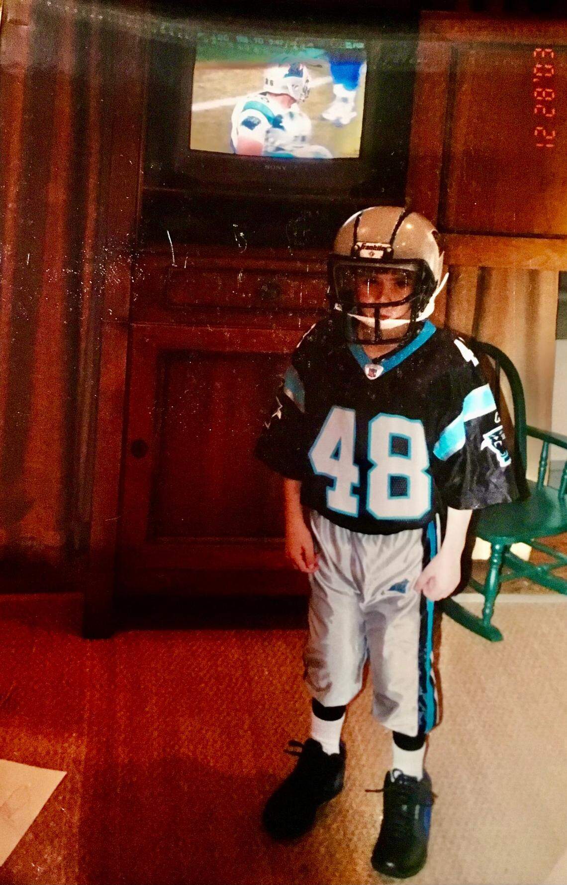 Daniel Jones, now the quarterback for the N.Y. Giants, grew up in Charlotte and was a big Carolina Panther fan who owned several Panther jerseys over the years. Among them was this jersey of former Carolina running back Stephen Davis, who was one of the team’s stars during the Panthers’ first Super Bowl run in 2003. Daniel Jones was six years old at the time of this photo.