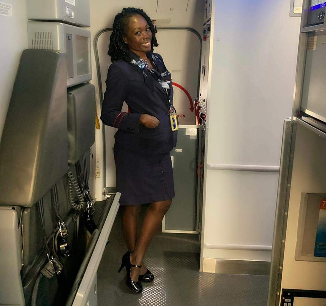 Prieska Outland, photographed while working a shift as a flight attendant for American Airlines.