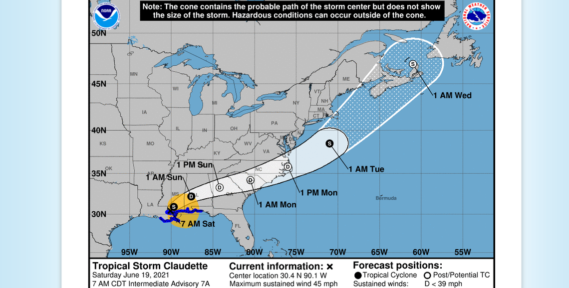 Tropical Storm Claudette cone at 5 a.m. Saturday, June 19, 2021.