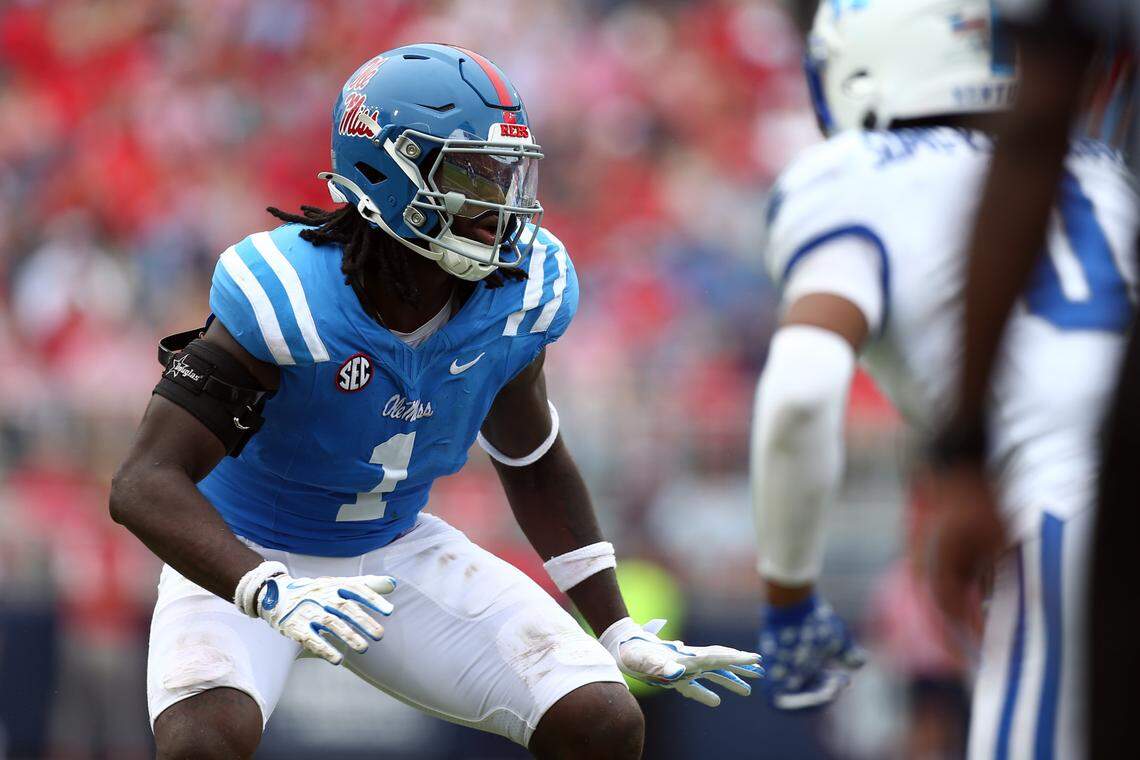 Ole Miss pass rusher Princely Umanmielen (1) lines up before the snap during a 2024 game against the Kentucky Wildcats at Vaught-Hemingway Stadium. 