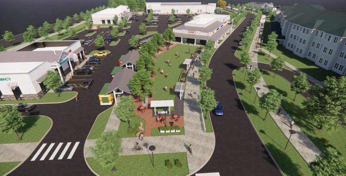 This rendering shows the Alexander Farms village green looking toward West Catawba Avenue in Cornelius.
