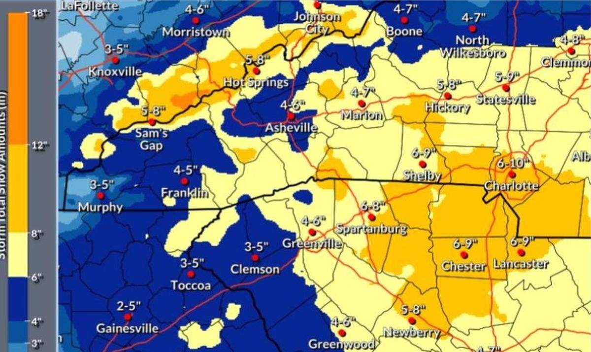 Charlotte could see 6 to 11 inches of snow this weekend, updated National Weather Service maps showed Saturday morning, Jan. 31, 2026.