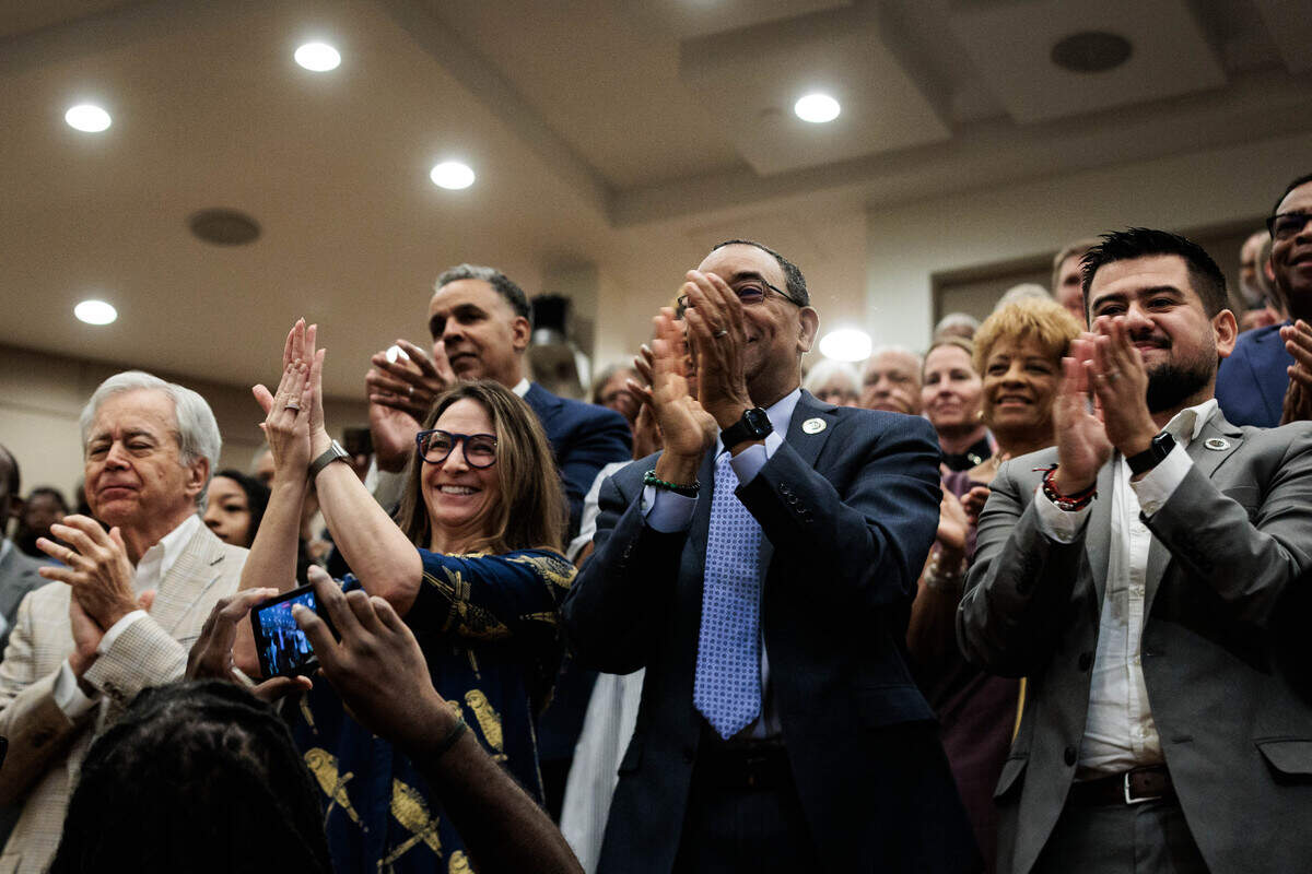 City Council members clap for Robert Harrington after he is sworn in as Charlotte’s 60th mayor on Wednesday, July 1, 2026 in the Charlotte-Mecklenburg County Government building.