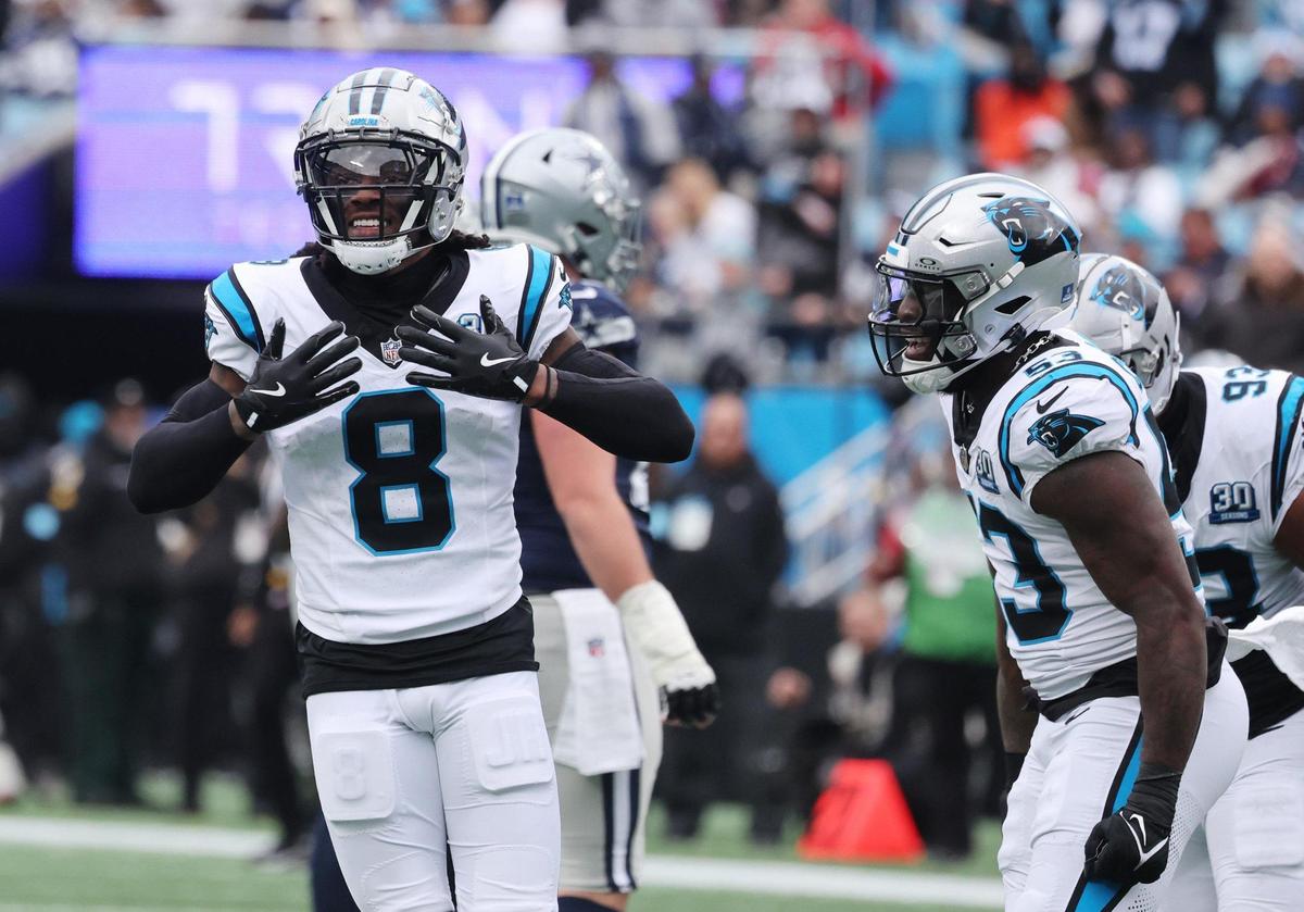 Panthers Jaycee Horn (8) and Claudin Cherelus (53) celebrate after a play Sunday at Bank of America Stadium.