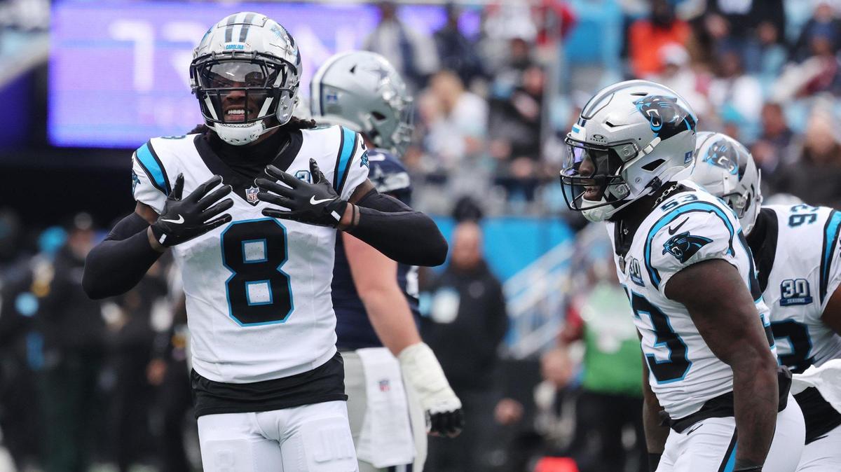 Panthers Jaycee Horn (8) and Claudin Cherelus (53) celebrate after a play Sunday at Bank of America Stadium.