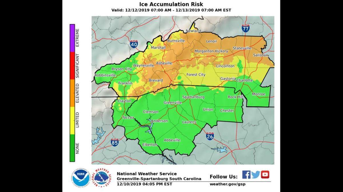Freezing rain is in the forecast for much of western North Carolina. The National Weather Service said, “We’re thinking areas in green won’t see any, areas in yellow may see a thin glaze of ice, and areas in orange may see a trace to <1/4", enough to cause hazardous travel."