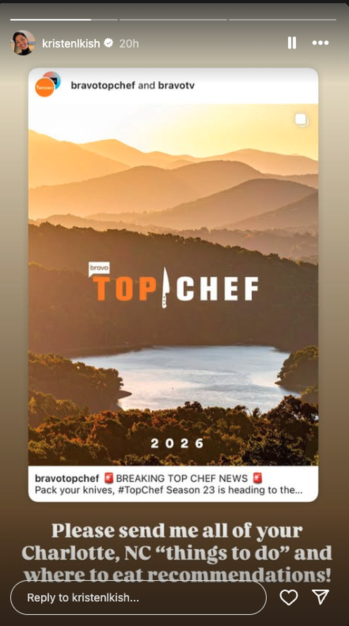 Top Chef host Kristen Kish posted to her Instagram story asking people for recommendations of places to eat when the show is being filmed in Charlotte.