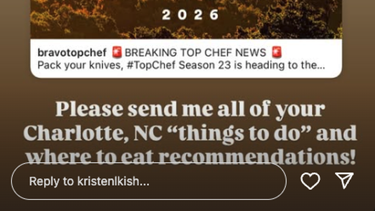 Top Chef host Kristen Kish posted to her Instagram story asking people for recommendations of places to eat when the show is being filmed in Charlotte.