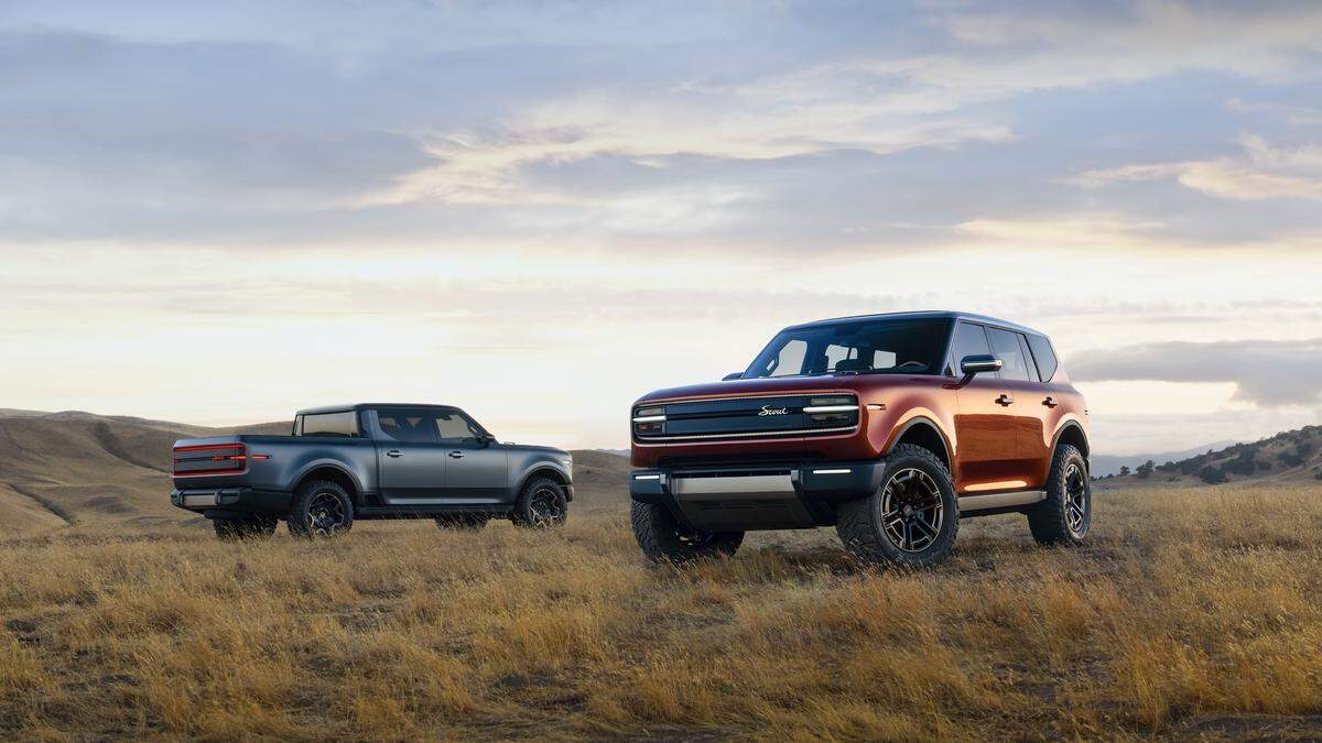 Scout Motors is moving its corporate headquarters to Charlotte. Seen here are two production-intent concept vehicles in 2024, the Scout Traveler SUV and the Scout Terra truck.
