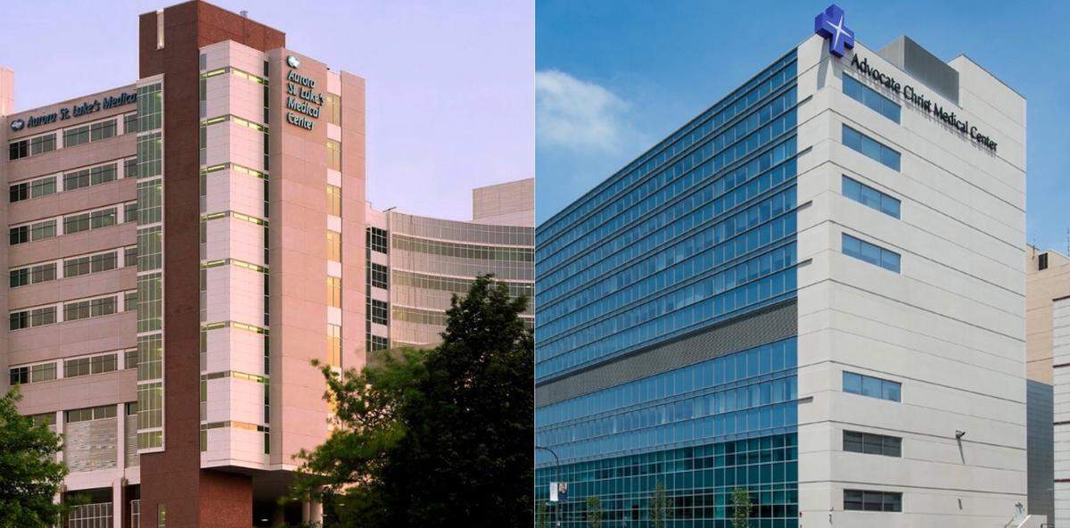 Aurora St. Luke’s in Milwaukee, left, and Advocate Christ in Oak Lawn, Illinois. Advocate Aurora is combining with Atrium Health.
