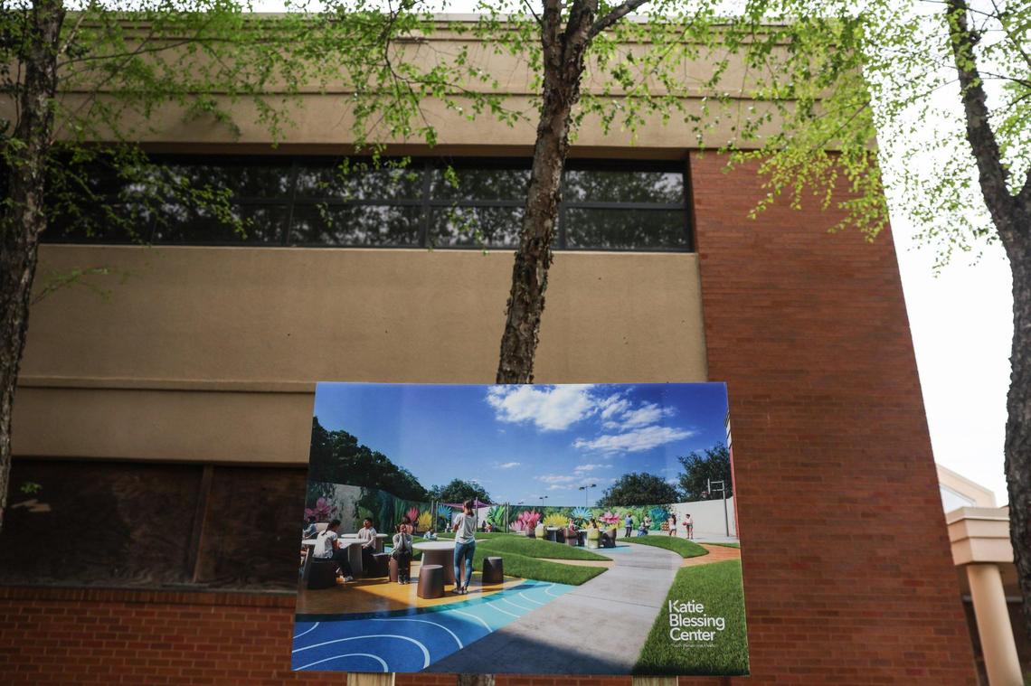 A rendering of an outdoor space is on display for Katie Blessing Center for youth behavioral health in Charlotte, NC on Tuesday, April 22, 2025.