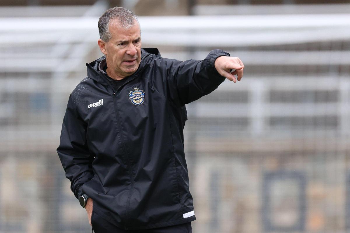 CHARLOTTE, NC - MARCH 1: Team manager Michael Jeffries of the Charlotte Independence calls out a play during a closed practice in American Legion Memorial Stadium on March 1, 2024.