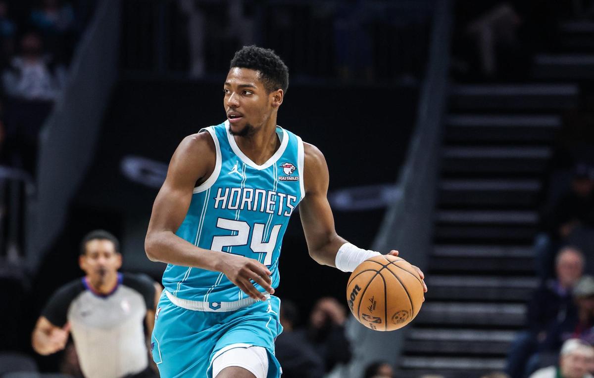 Charlotte Hornets forward Brandon Miller dribbles the ball up court against Utah Jazz at the Spectrum Center in Charlotte, N.C., on Saturday, January 27, 2024.