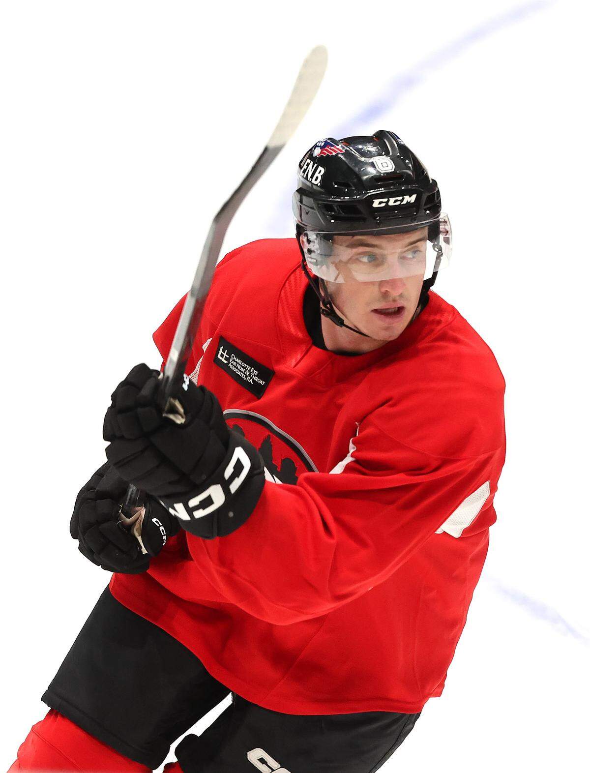 Charlotte Checkers Ben Steeves turns up ice during practice at BoJangles Coliseum in Charlotte, NC on Thursday, October 9, 2025.