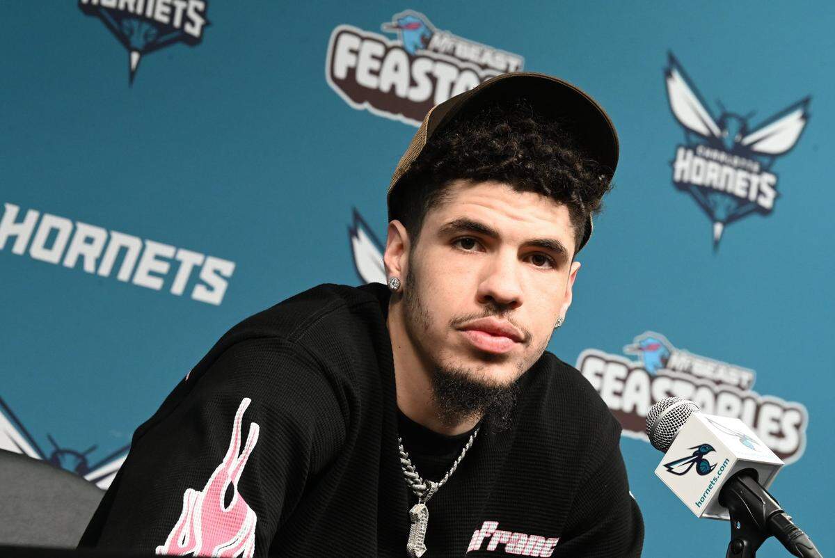 Charlotte Hornets guard LaMelo Ball listens to a question during an interview with the local media at Spectrum Center on Monday, April 15, 2024.