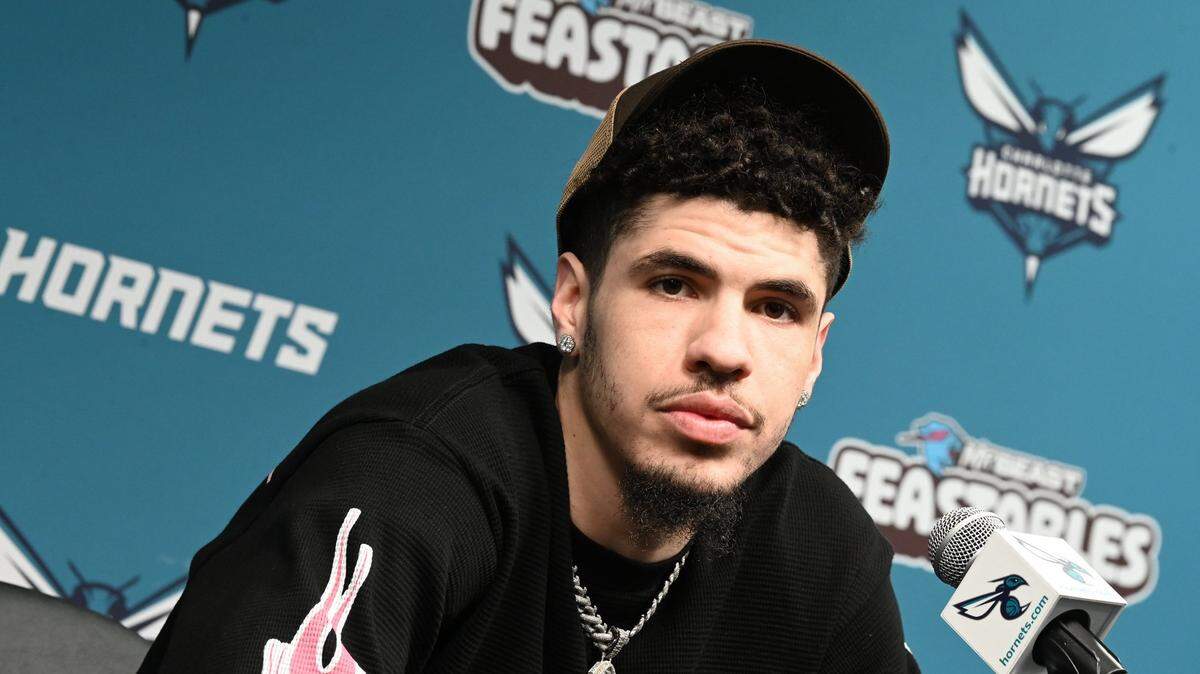 Charlotte Hornets guard LaMelo Ball listens to a question during an interview with the local media at Spectrum Center on Monday, April 15, 2024.