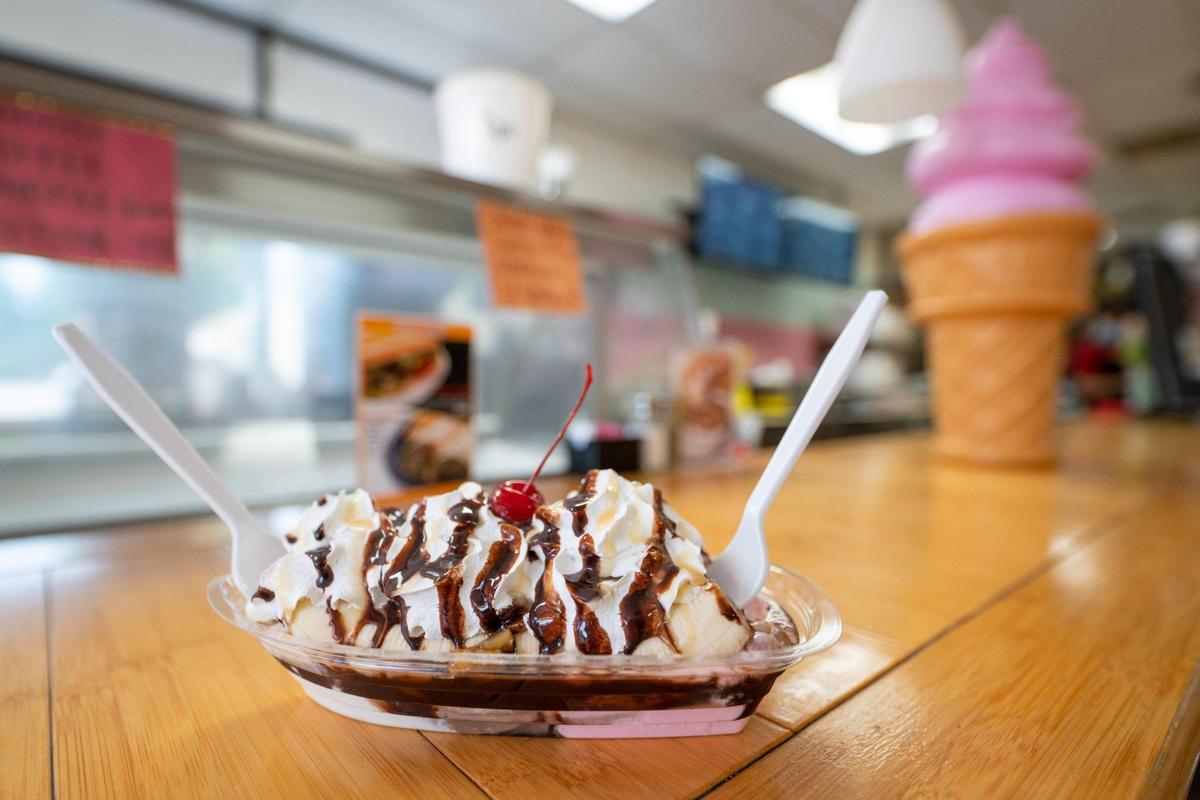 Aggie’s Ice Cream & Grill’s banana split with three scoops of ice cream, pineapple, pecans, fudge and whipped cream.