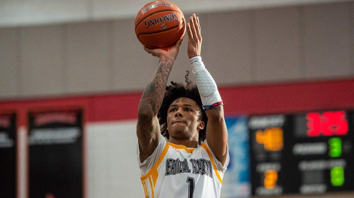 Former Vertical Academy guard Mikey Williams shoots a free throw during a game on January 29, 2021 in Charlotte, NC. He now attends high school in San Diego.