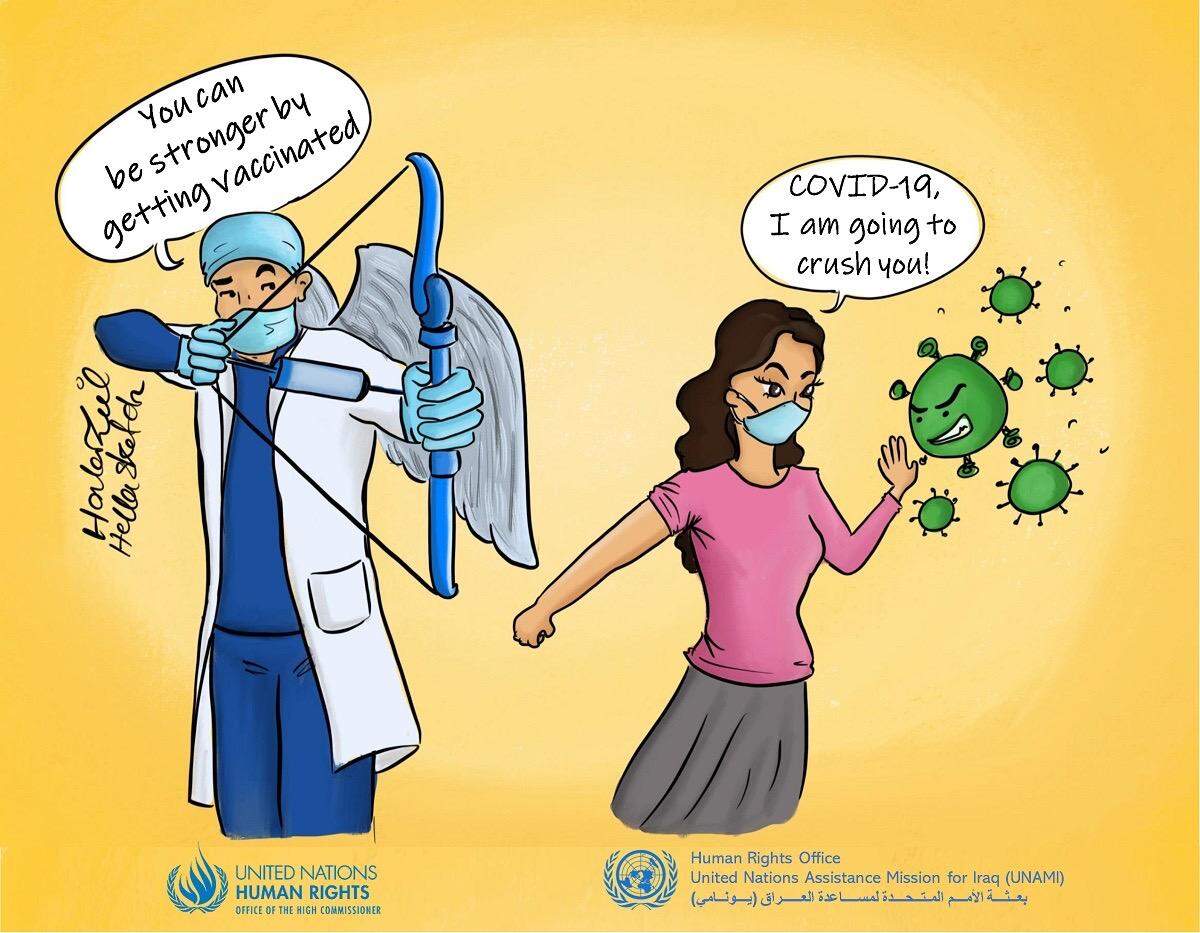 Halah Kheldoon produced a number of cartoons in November for a U.N. Assistance Missions for Iraq/ World Health Organization campaign to raise awareness for the COVID vaccine.