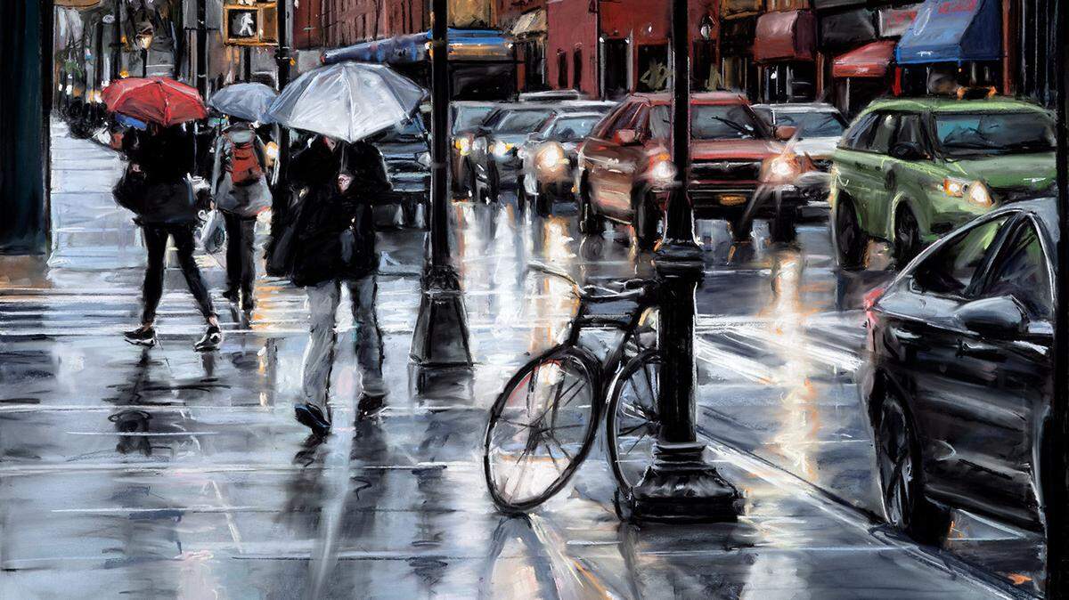 Susan Grossman’s pastel and charcoal cityscapes are on view at Jerald Melberg Gallery, including the 2019 drawing “Gleaming.”