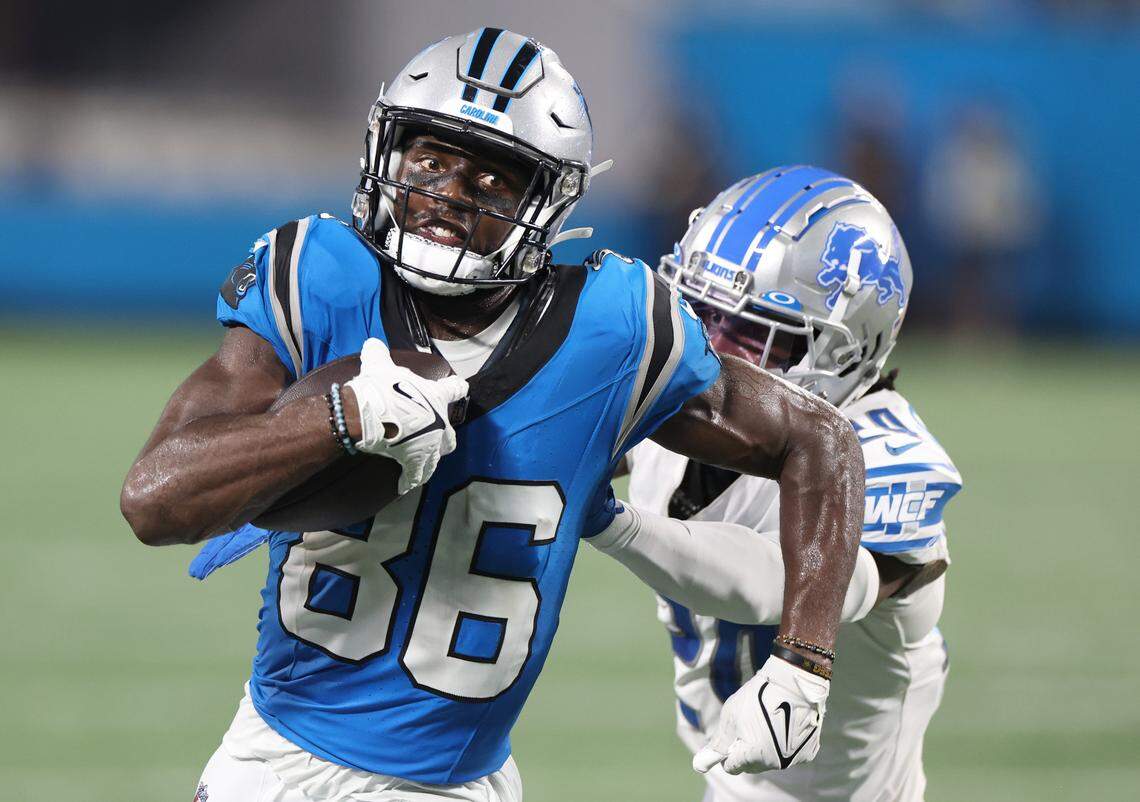 Carolina Panthers wide receiver Gary Jennings looks to break away following a pass reception during second half action against the Detroit Lions on Friday, August 25, 2023 at Bank of America Stadium in Charlotte, NC. Jennings was among the team’s first 11 roster cuts on Saturday, August 26, 2023.