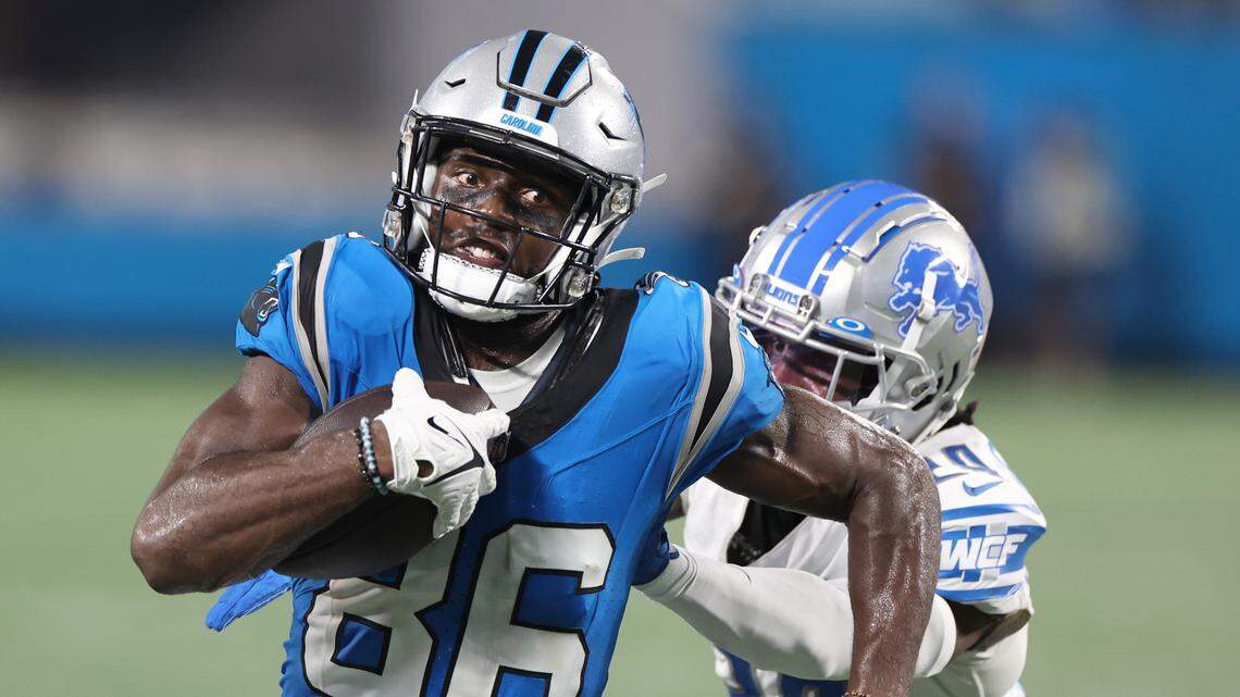 Carolina Panthers wide receiver Gary Jennings looks to break away following a pass reception during second half action against the Detroit Lions on Friday, August 25, 2023 at Bank of America Stadium in Charlotte, NC. Jennings was among the team’s first 11 roster cuts on Saturday, August 26, 2023.