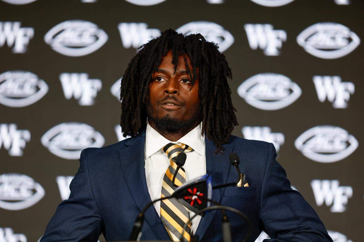 Wake Forest running back Demond Claiborne speaks to the media at the 2025 ACC Kickoff in Charlotte, N.C., Wednesday, July 23, 2025. (Photo by Nell Redmond/ACC)