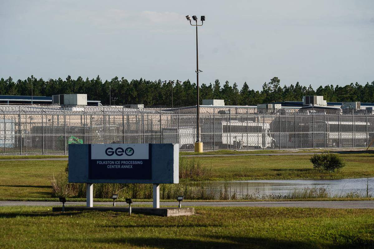 Buses are seen behind razor wire at the Folkston ICE Processing Center on September 9, 2025, in Folkston, Georgia. Many people arrested by ICE in North Carolina spend their time in Folkston or in Stewart Georgia before they are released or deported.