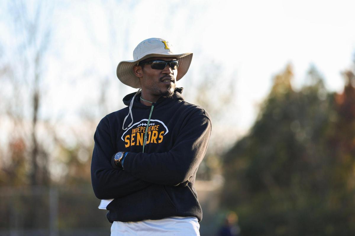 Independence football’s head coach, DJ McFadden, watches as the team practice on Monday, November 14, 2022. Independence is in the third round of the playoffs for the first time since 2013.