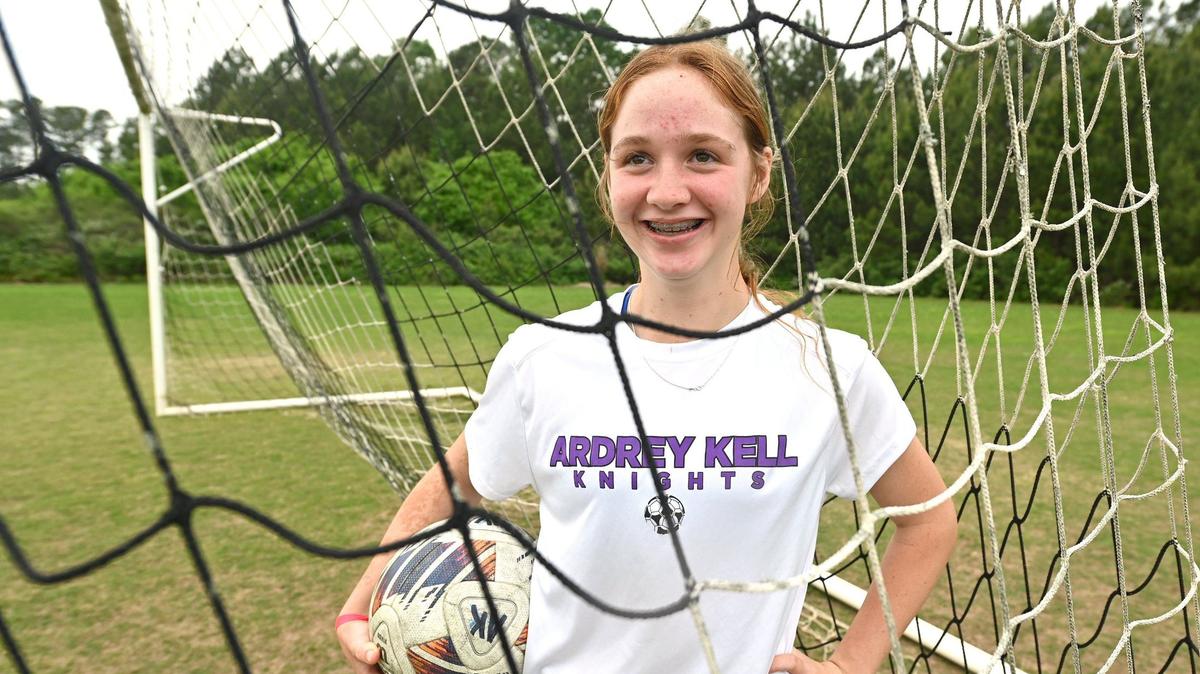 Ardrey Kell girls soccer player Makayla Rodriguez on Wednesday, April 17, 2024. Rodriguez a freshman is a star player and hopes to lead the Knights to back-to-back state titles.