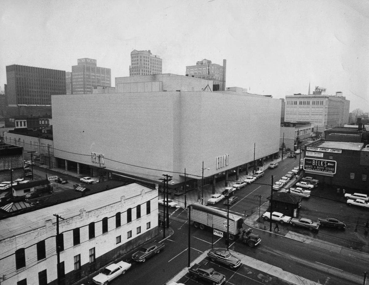 Belk’s department store (center) and Ivey’s department store (far right) in uptown Charlotte in 1962.